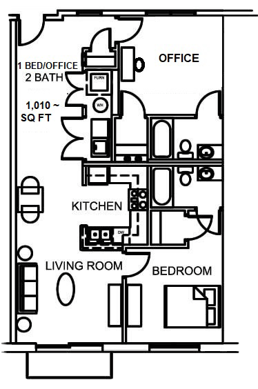 Apartment floor plan with bed/office, bath, kitchen, living room, bedroom, and office labeled.