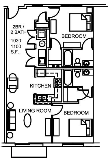 Black-and-white apartment floor plan with kitchen, living room, two bedrooms, and two baths.