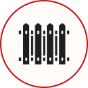 Black picket fence icon inside a red circle border.