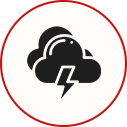 Black cloud with a lightning bolt inside a red circle outline.