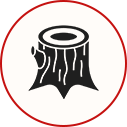 Black tree stump icon inside a red circle on a white background.