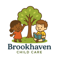 Two children, one dark-skinned, one light-skinned, by a tree.  One waves, the other reads. Child care logo.