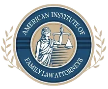The logo for the american institute of family law attorneys shows a woman holding a scale of justice.