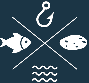 A fish , a hook , a rock , and waves are crossed in a fishing emblem.