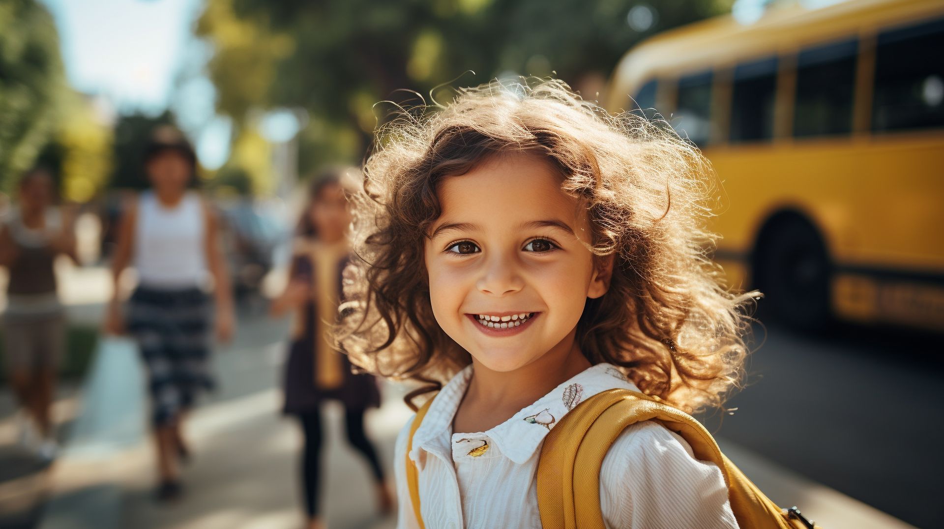 Smiling child with curly hair and backpack near a yellow school bus on a sunny street