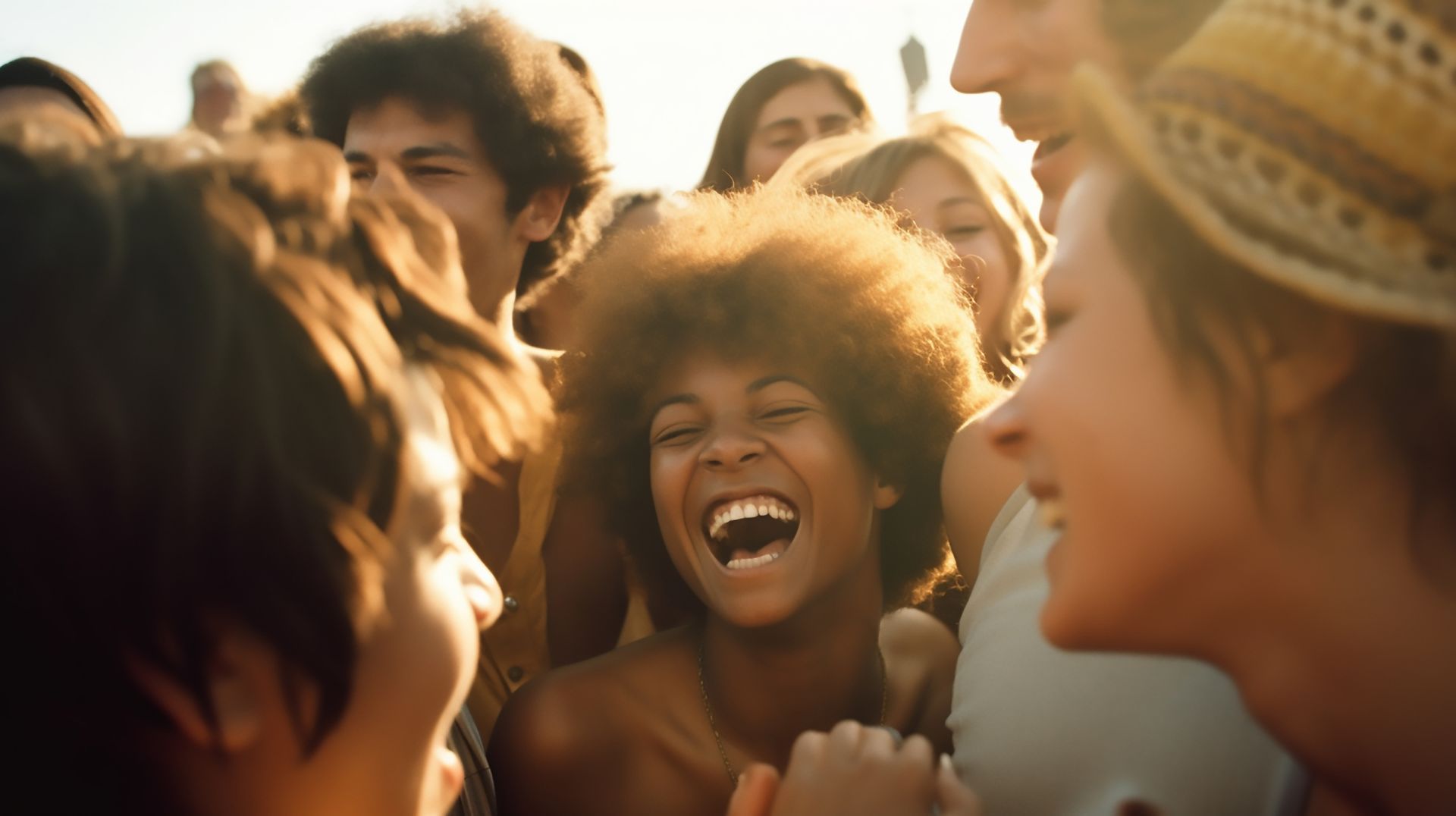 Crowd smiling and laughing outdoors in warm sunlight