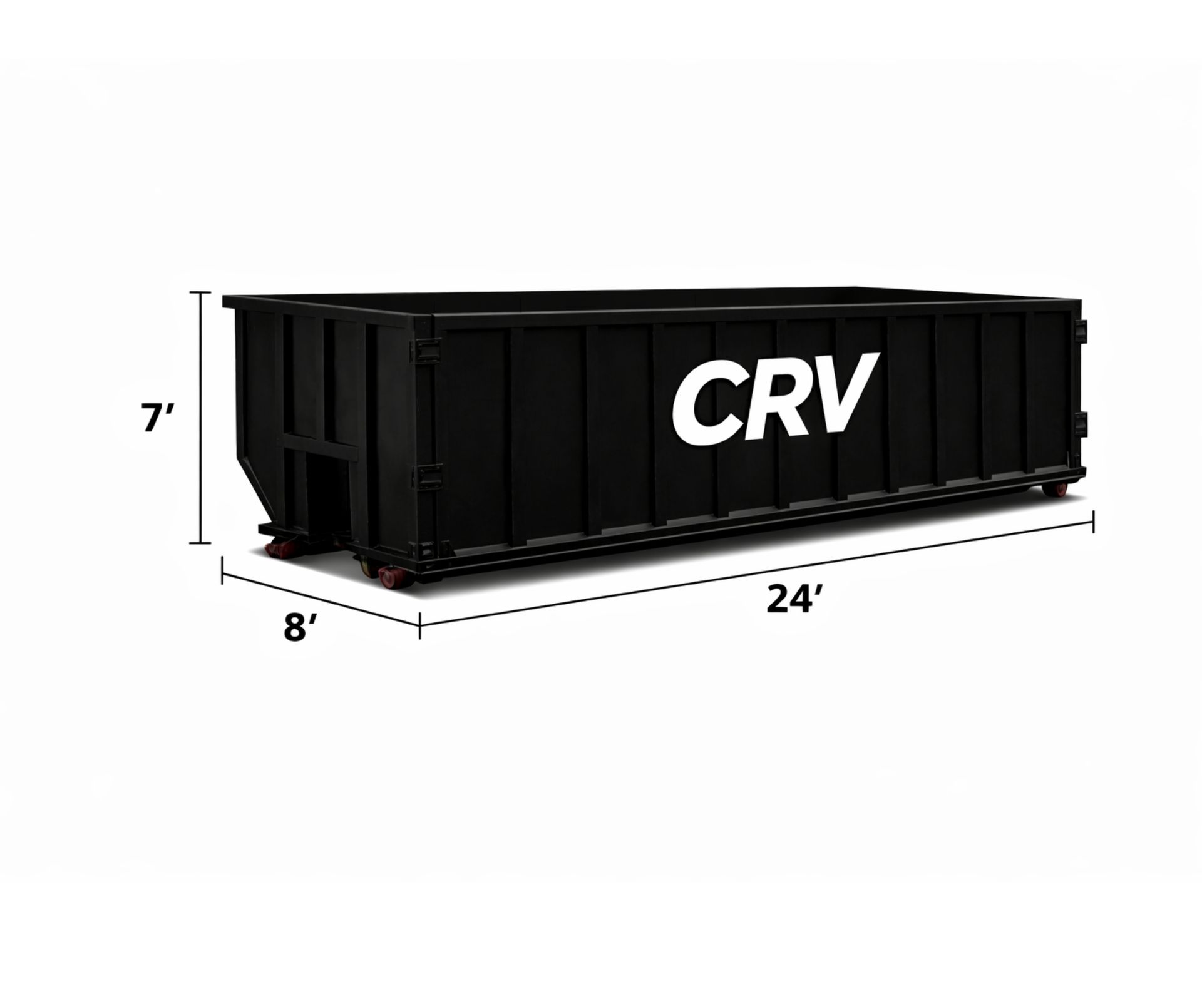 A black, rectangular roll-off dumpster labeled 