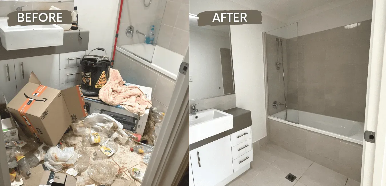Before-and-after of a cluttered bathroom transformed into a clean, empty space.