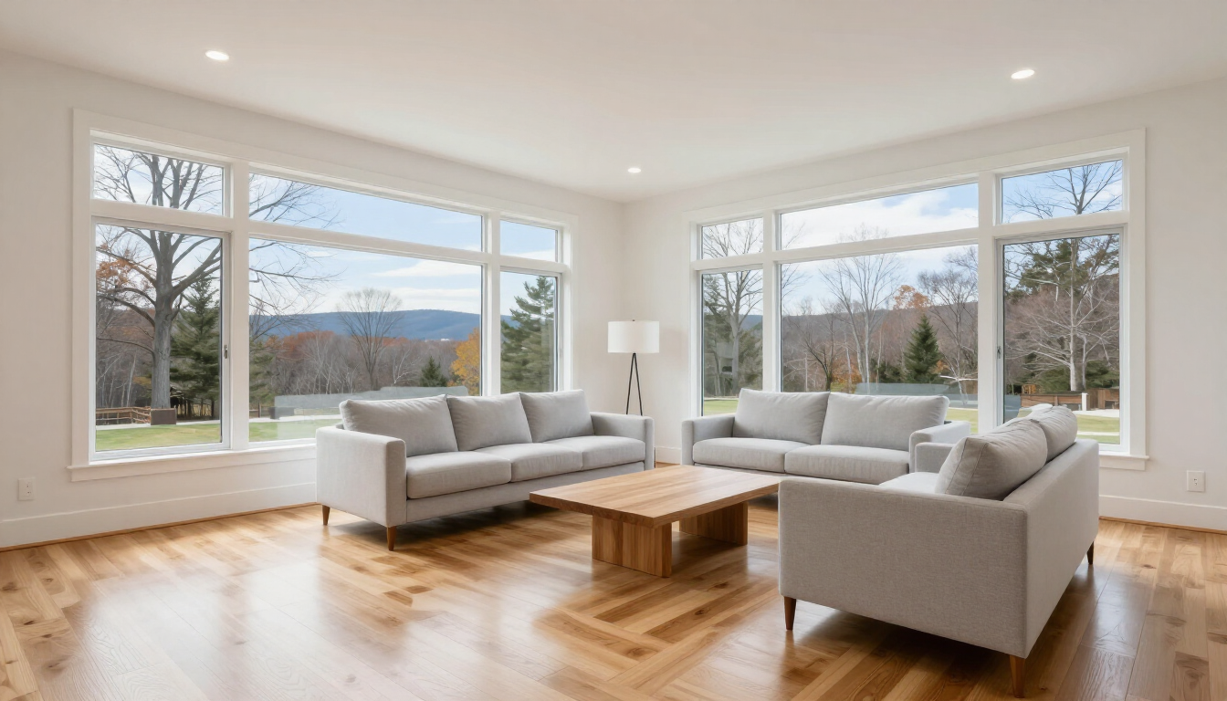 A clean and organized modern living room in a New Hampshire home.