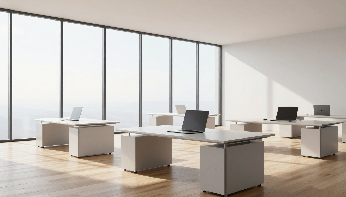 photorealistic modern bright office workspace clean desks large windows natural light minimalist design
