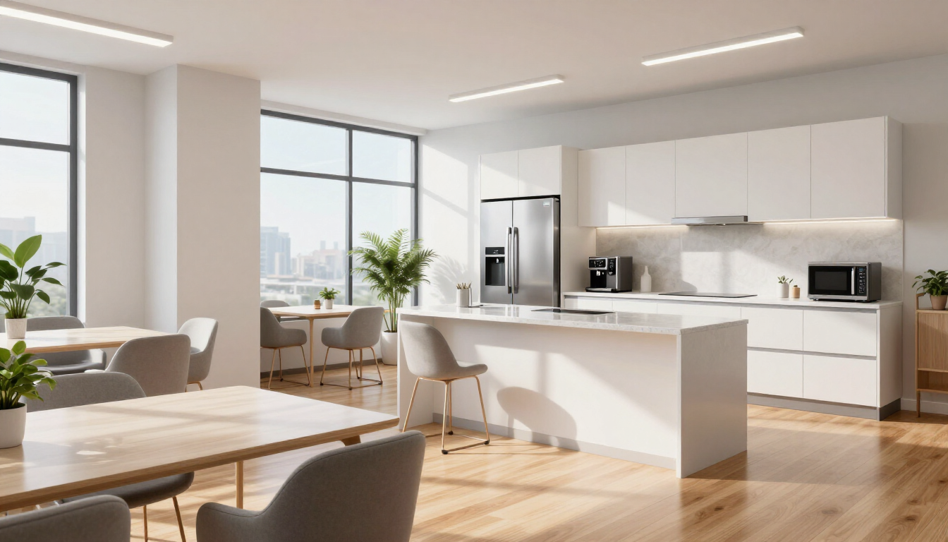photorealistic clean and organized office breakroom with modern furniture and kitchen area