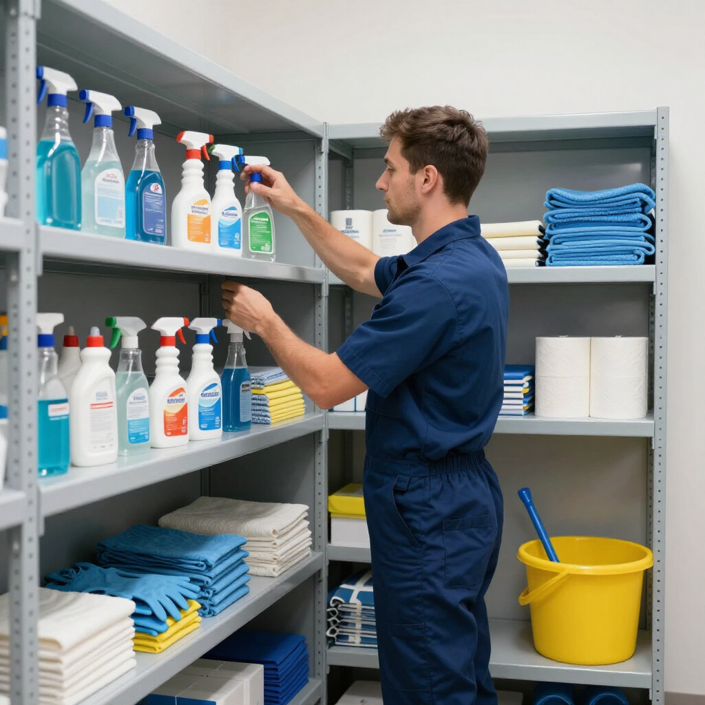 Worker restocking cleaning supplies on metal shelves in a storage room
