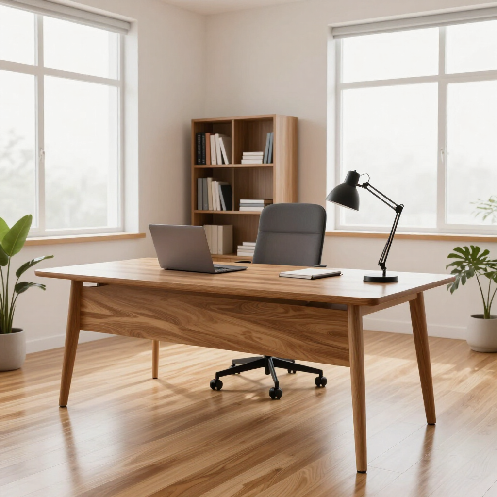 Bright home office with wooden desk, laptop, chair, lamp, and bookshelf near large windows.