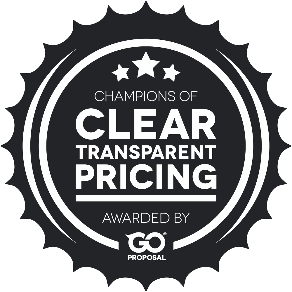 Black badge logo reading “Champions of Clear Transparent Pricing” awarded by GoProposal.