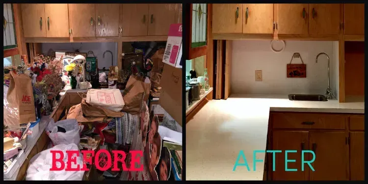 Before-and-after kitchen: cluttered counter becomes clean, empty space.