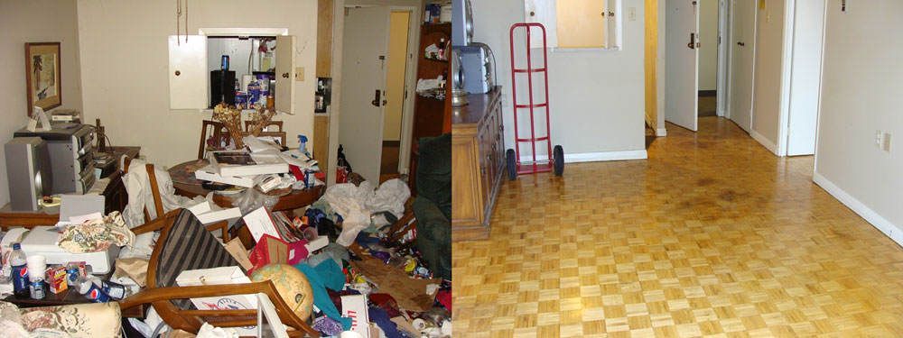 Cluttered hallway and room with trash, debris, and a red ladder on a tiled floor