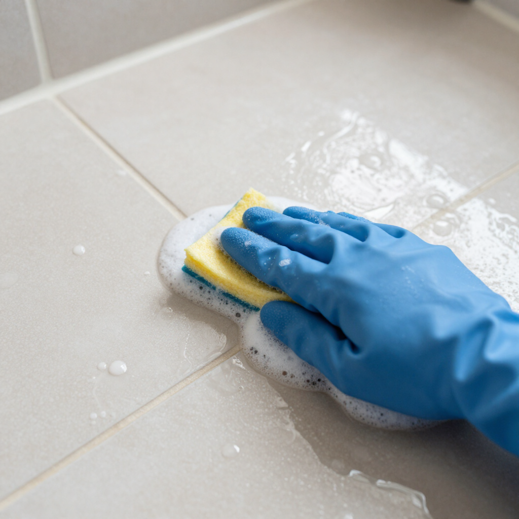 Blue-gloved hand scrubbing a tiled floor with a sponge and soapy water.