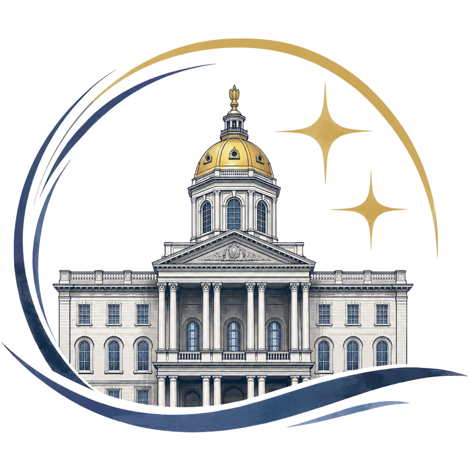 Illustrated state capitol building with gold dome, framed by blue and gold swooshes and stars