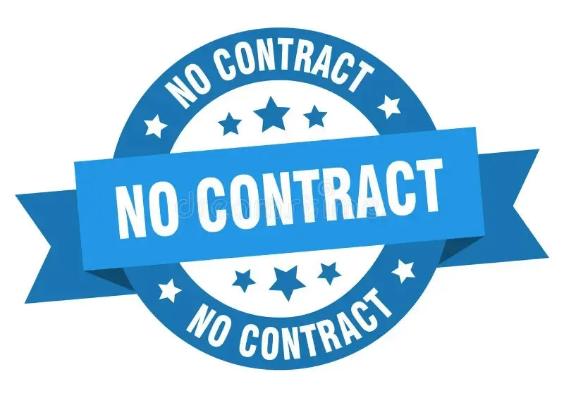 Blue “NO CONTRACT” ribbon badge with stars on a white background