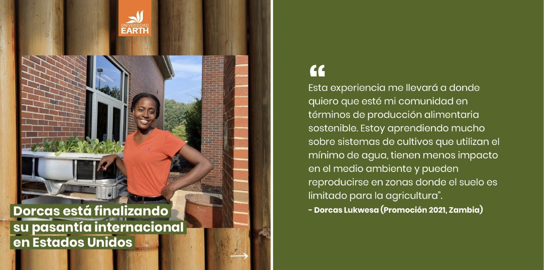 A woman in an orange shirt and a quote on the right side, with text in Spanish: “Dorcas está finalizando su pasantía internacional en Estados Unidos.”