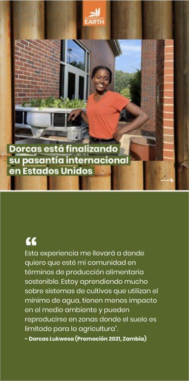 Mujer sonriendo afuera, texto sobre su pasantía en Estados Unidos y una cita de ella.