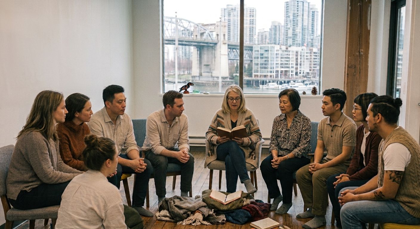 A diverse group of people sits in a circle in conversation, one holding an open book, with a city bridge visible through the window behind them