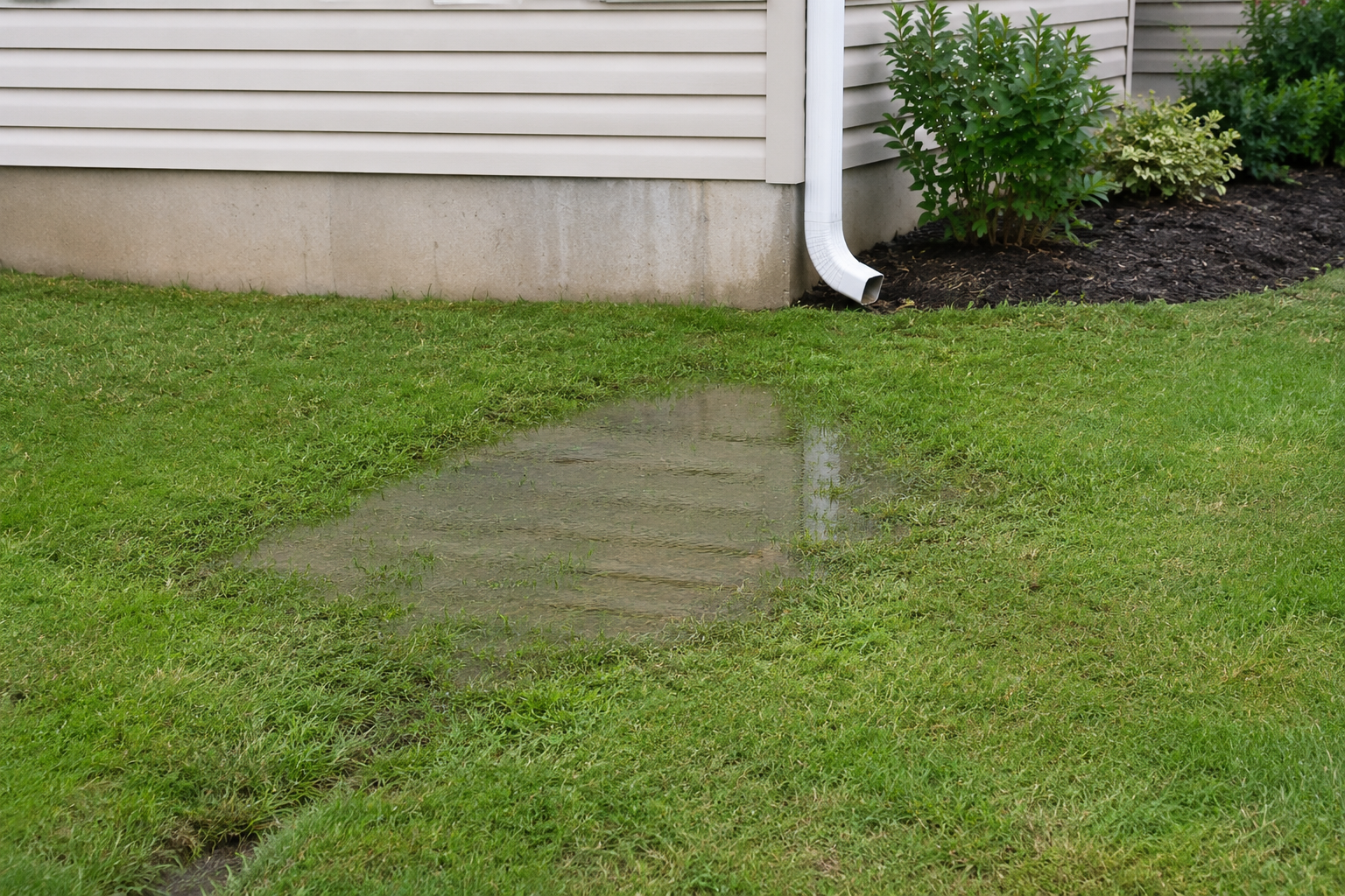 Patchy brown spot in a green lawn beside a house wall and downspout