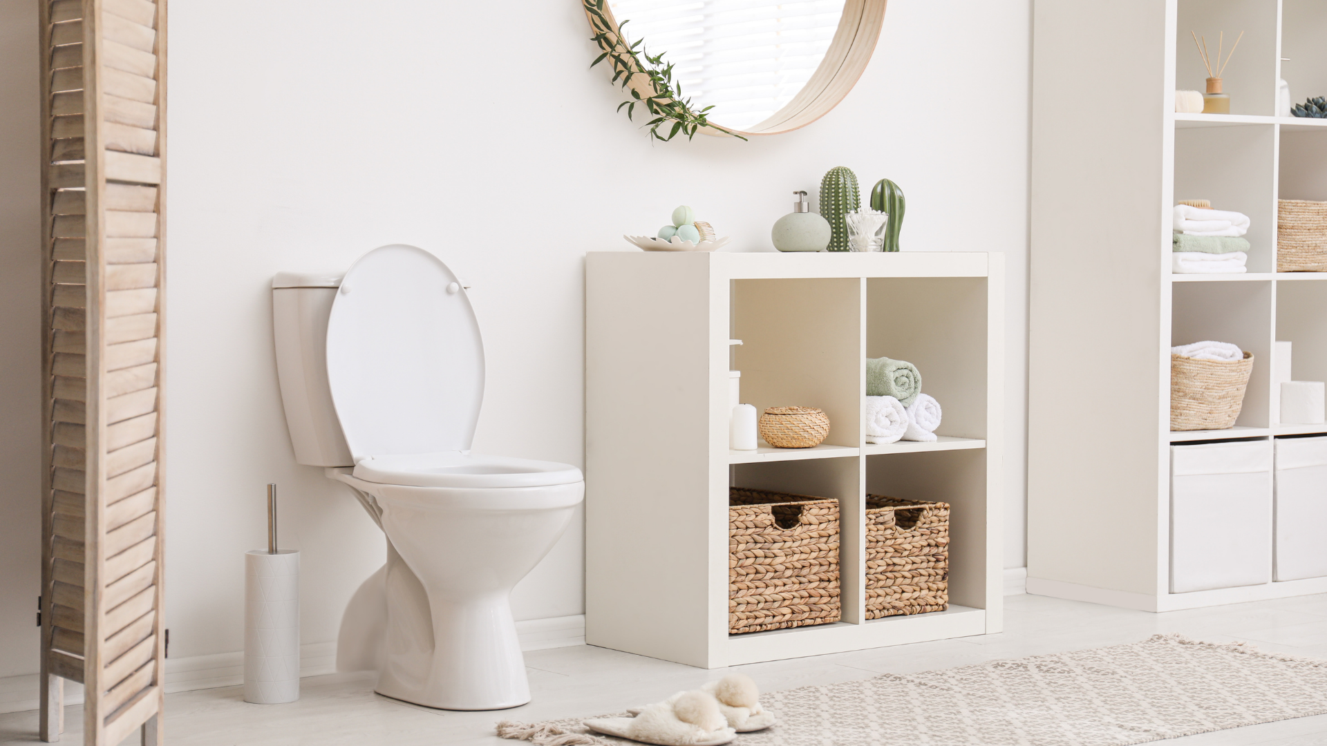 Minimal white bathroom with toilet, shelving, mirror, and woven baskets in a bright airy room
