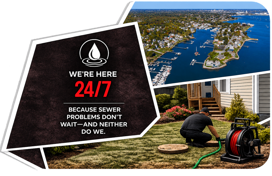 Black sign with “We’re here 24/7” beside waterfront and lawn maintenance scenes