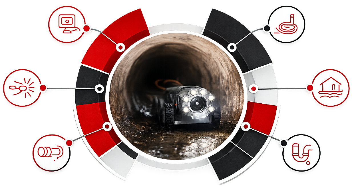 Sewer pipe with a camera inspecting inside, surrounded by red and black inspection icons.