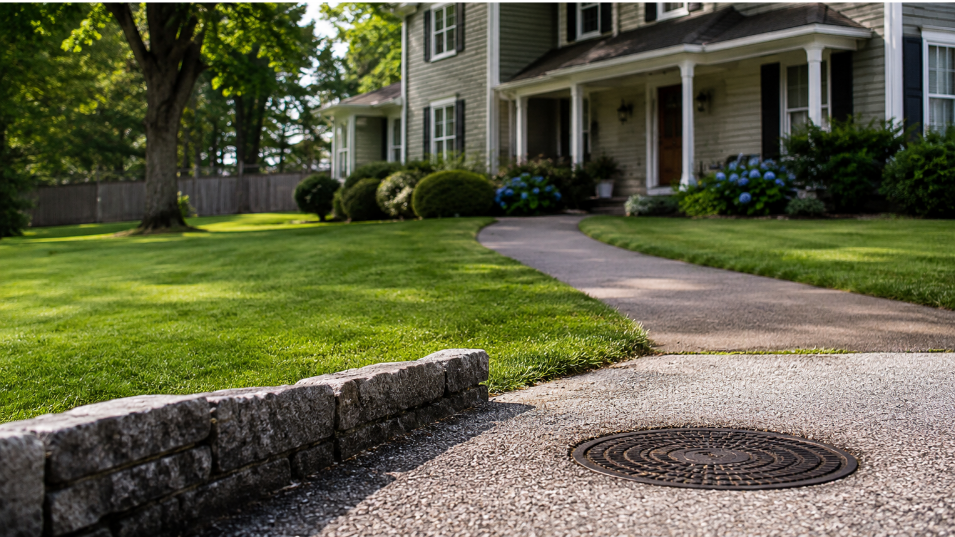 Cracked sidewalk beside a manicured lawn leading to a white house with a front porch.
