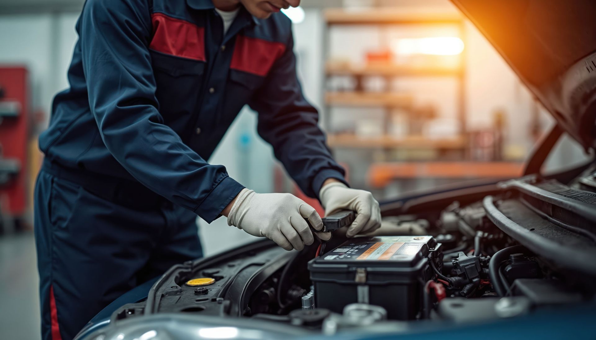 Gloved technician in a navy uniform installing a car battery under an open hood in a repair garage.