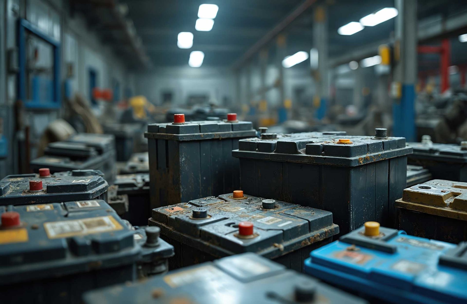 Rows of used car batteries with colored terminal caps stacked in a dimly lit automotive warehouse. Rows of used car batteries with colored terminal caps stacked in a dimly lit automotive warehouse.