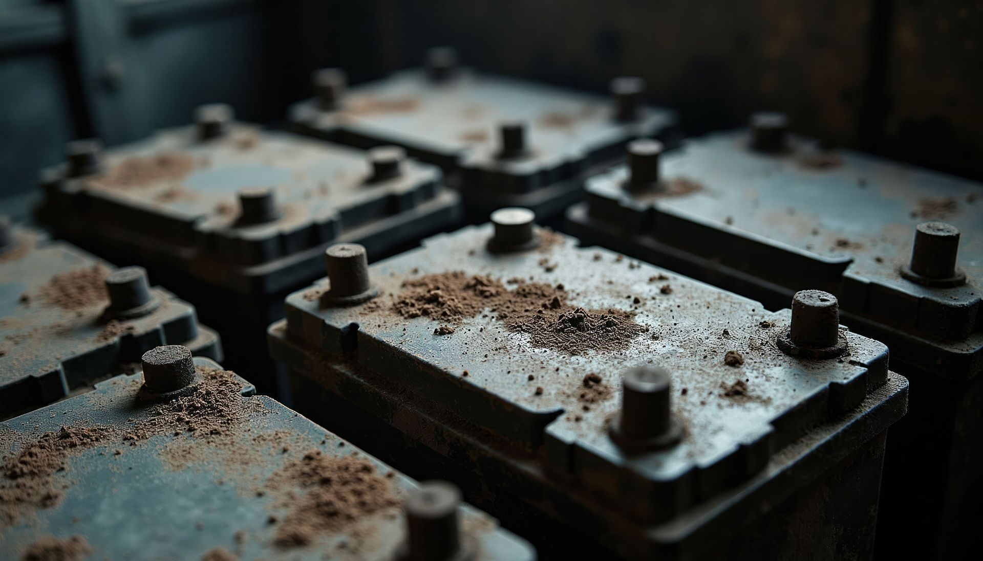 Close-up of aged lead-acid batteries with corroded terminals and dust-covered tops in dim lighting.