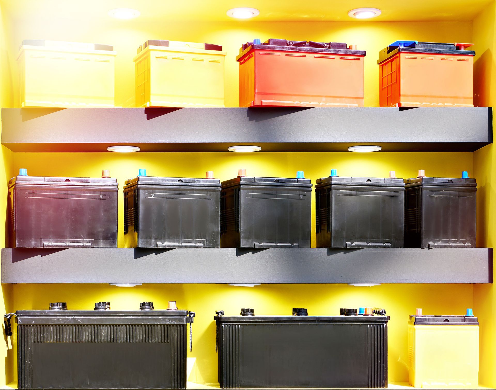 Car batteries on shelves in a store. Car batteries on shelves in a store.