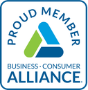 A blue, green, and white Business Consumer Alliance