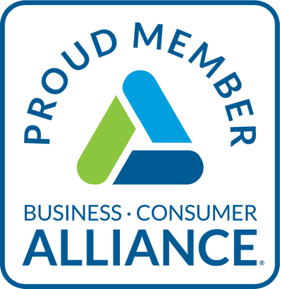 A blue, green, and white Business Consumer Alliance