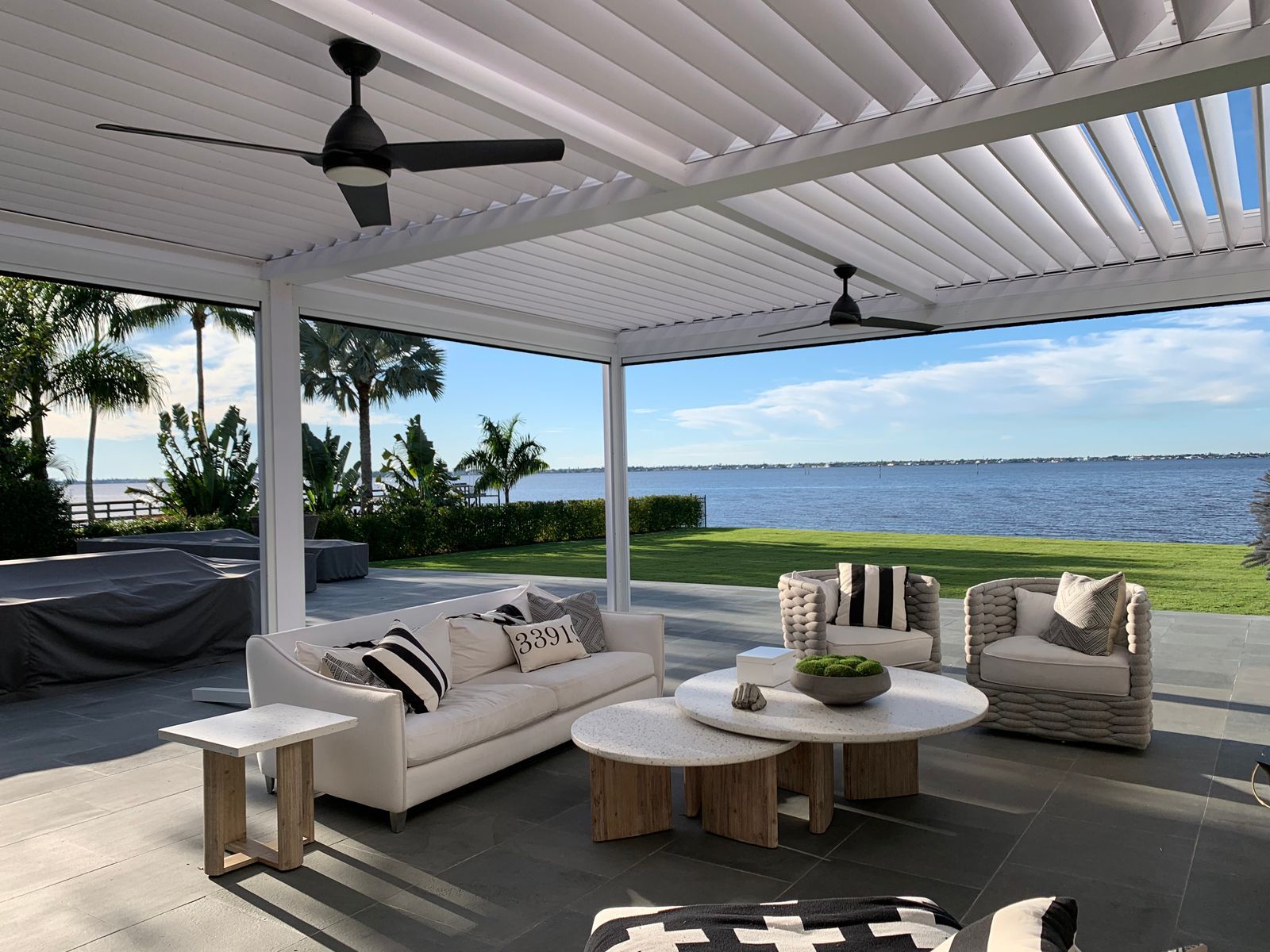 white pergola and screens