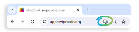 Uma barra de endereço do navegador exibindo o URL app.swipsafe.org com um círculo verde destacado ao redor do ícone Instalar.