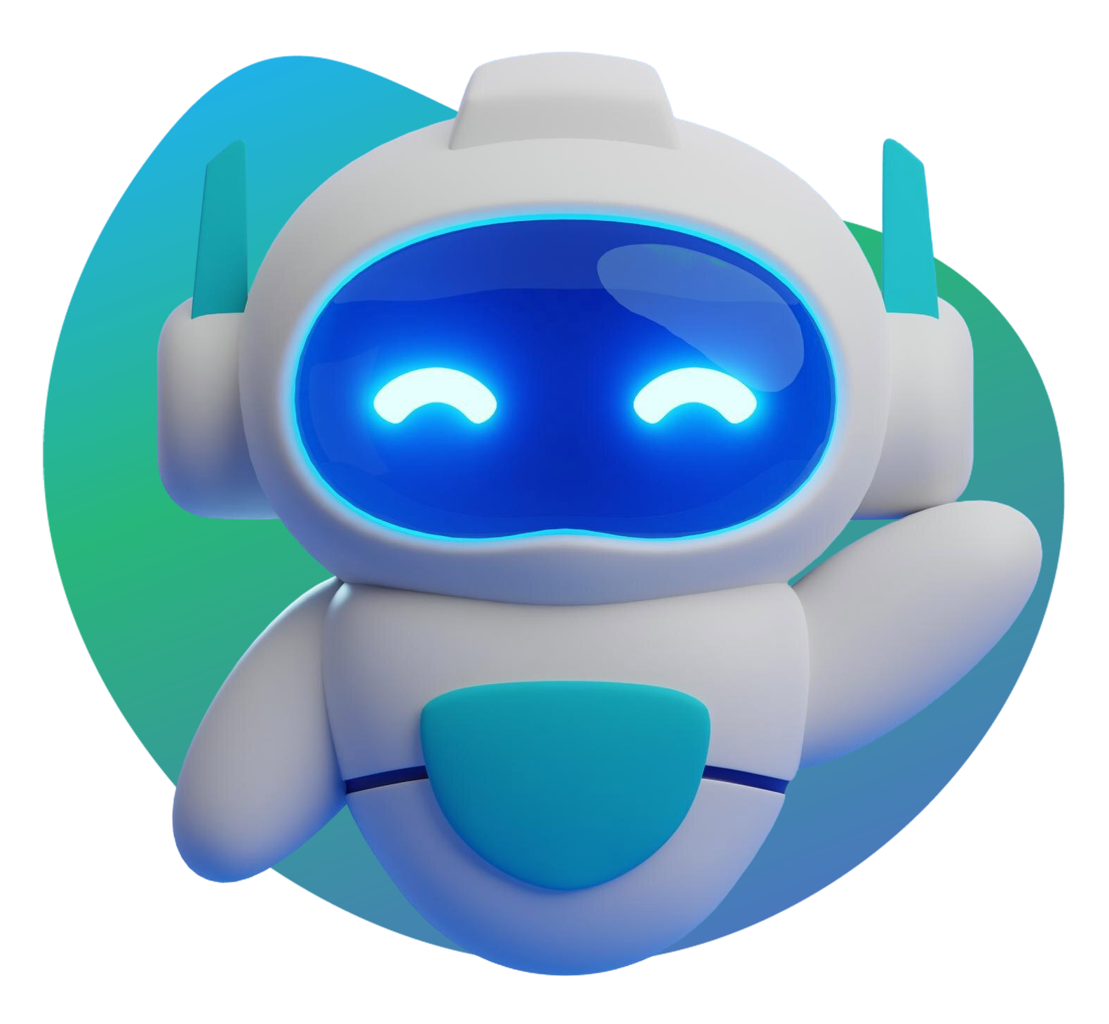 Um robô branco de desenho animado em 3D com uma viseira azul brilhante e uma expressão feliz