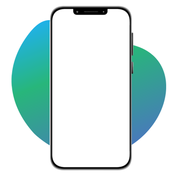 Um smartphone com uma tela branca em branco centralizada em frente a um fundo abstrato circular com gradiente azul e verde.