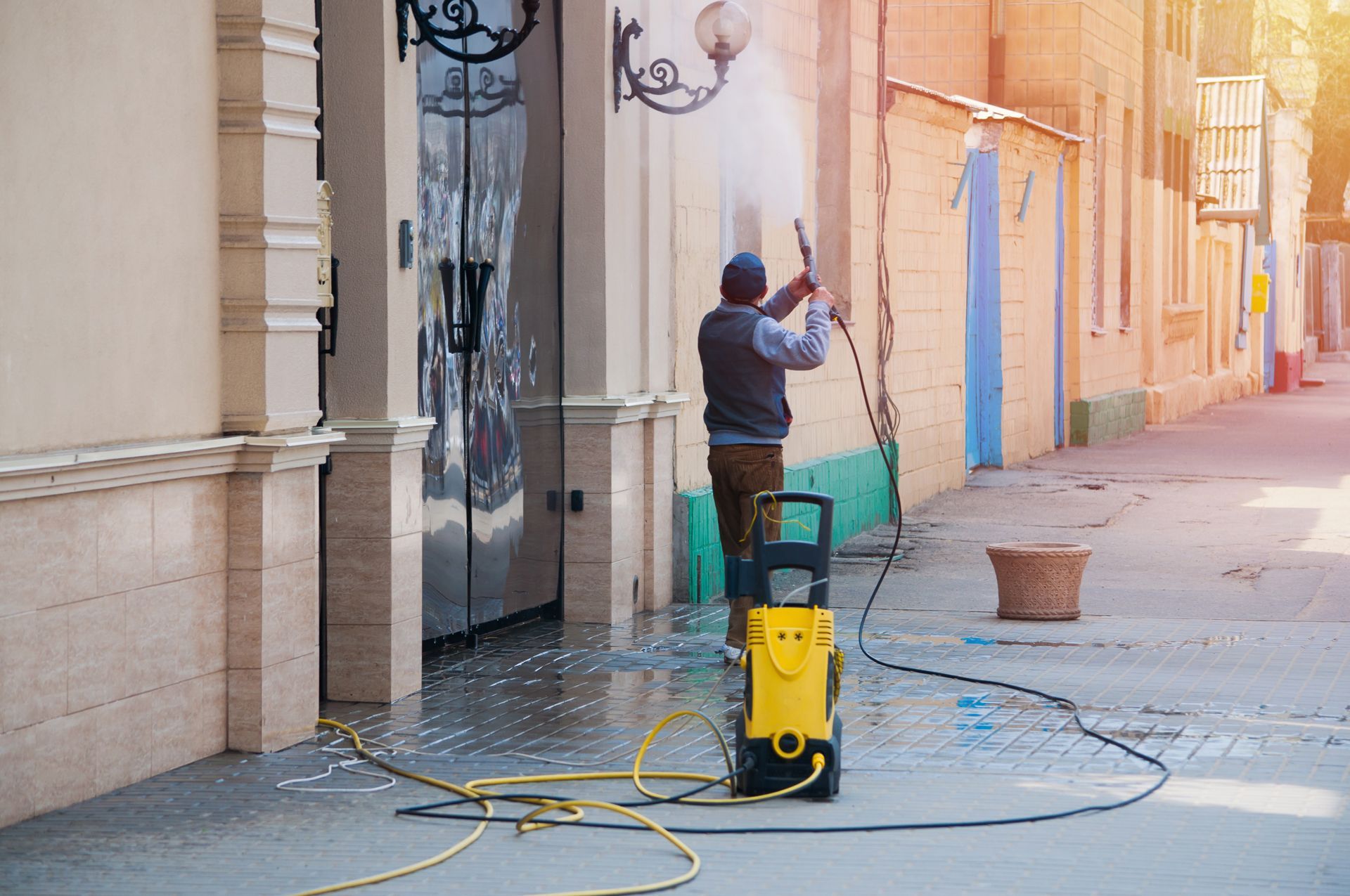 Person pressure-washing a sidewalk beside a building, with a yellow cleaning machine and hose.
