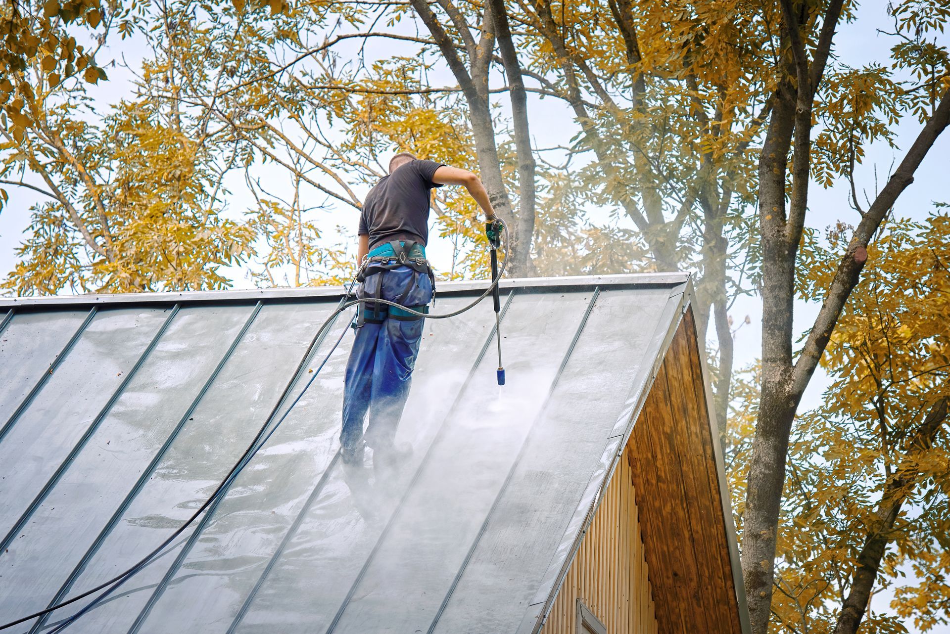 Person pressure-washing a metal roof amid autumn trees