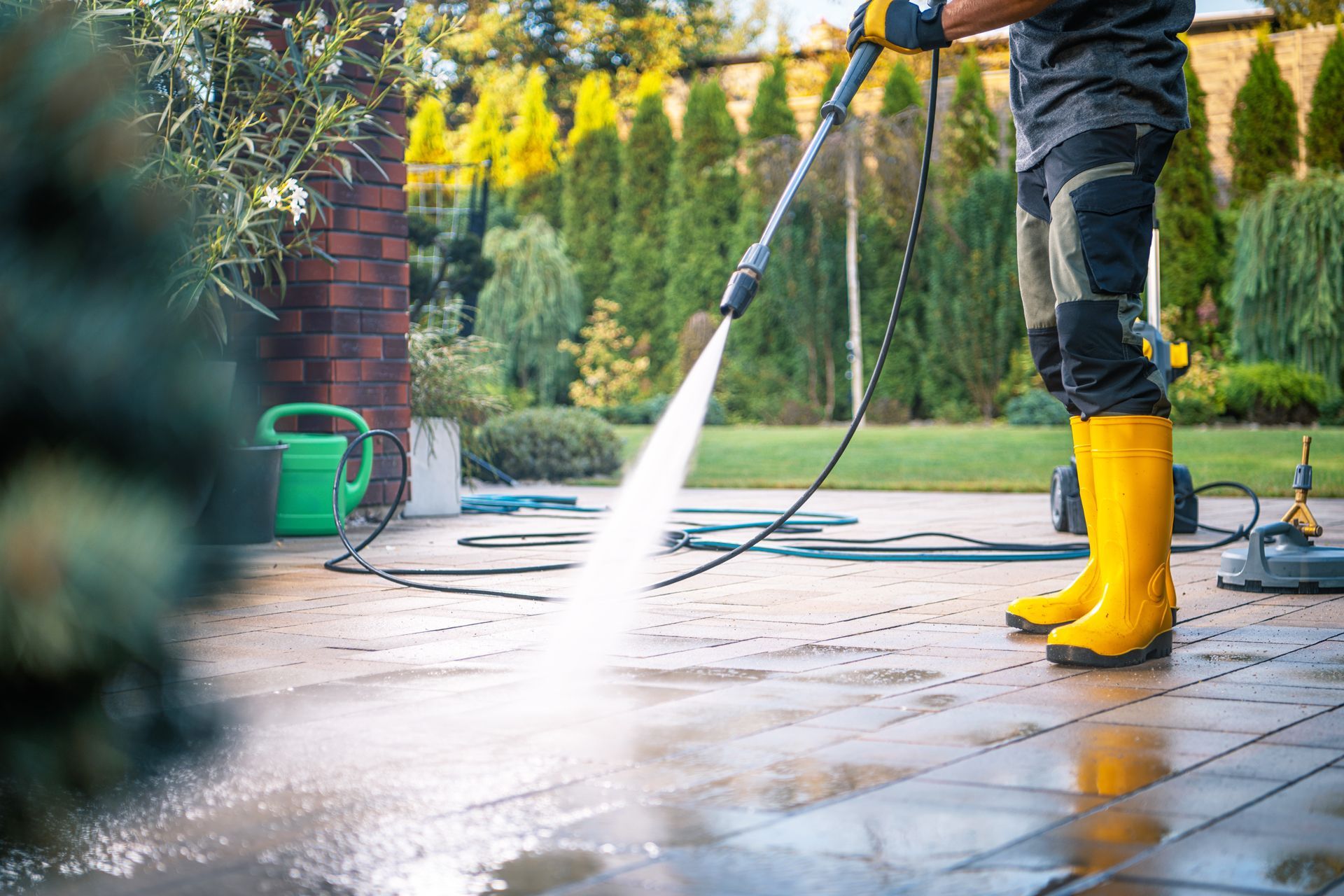Person pressure washing a driveway with a bright stream of water, wearing yellow boots.