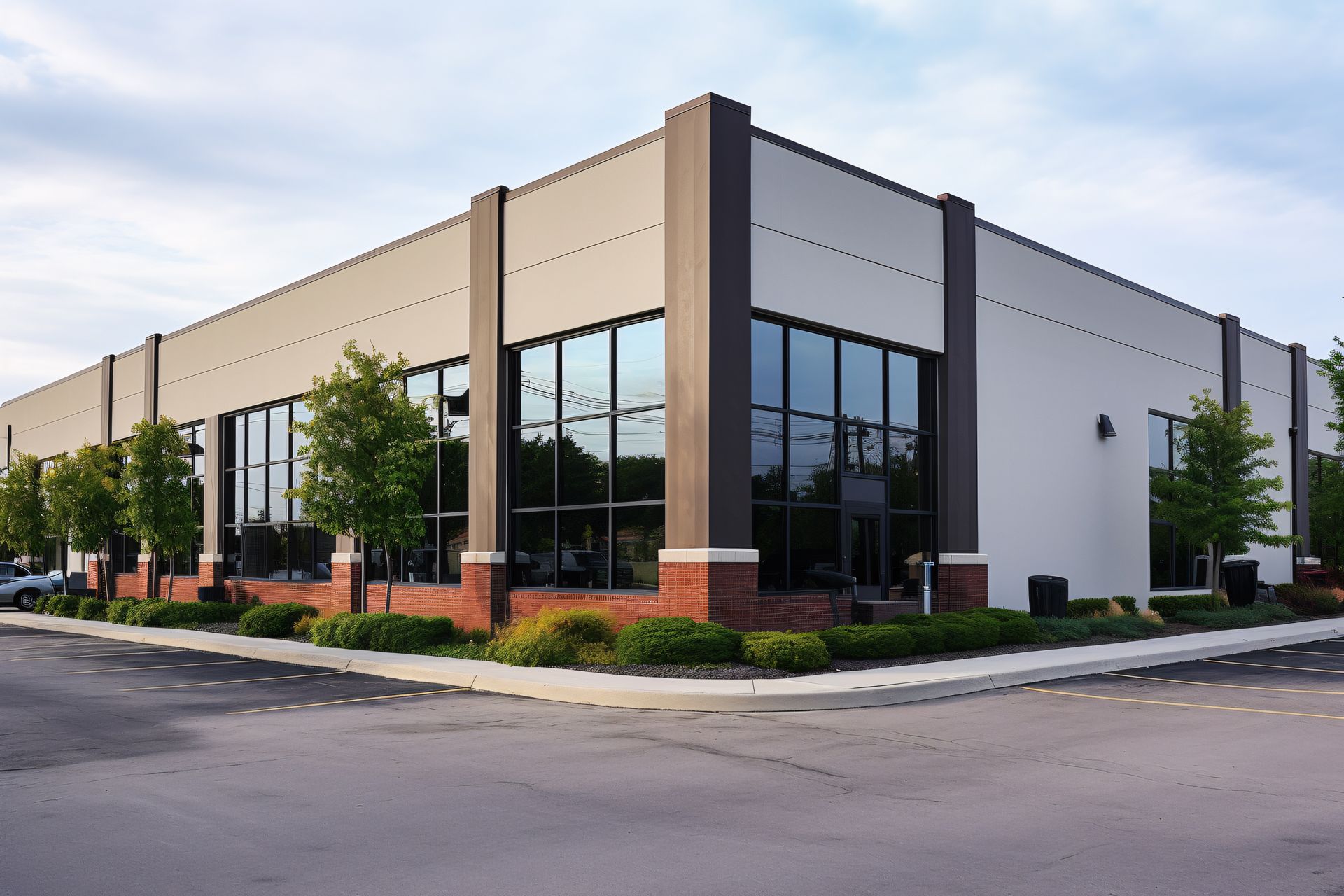 Modern office building with glass windows, beige walls, and brick trim at a street corner