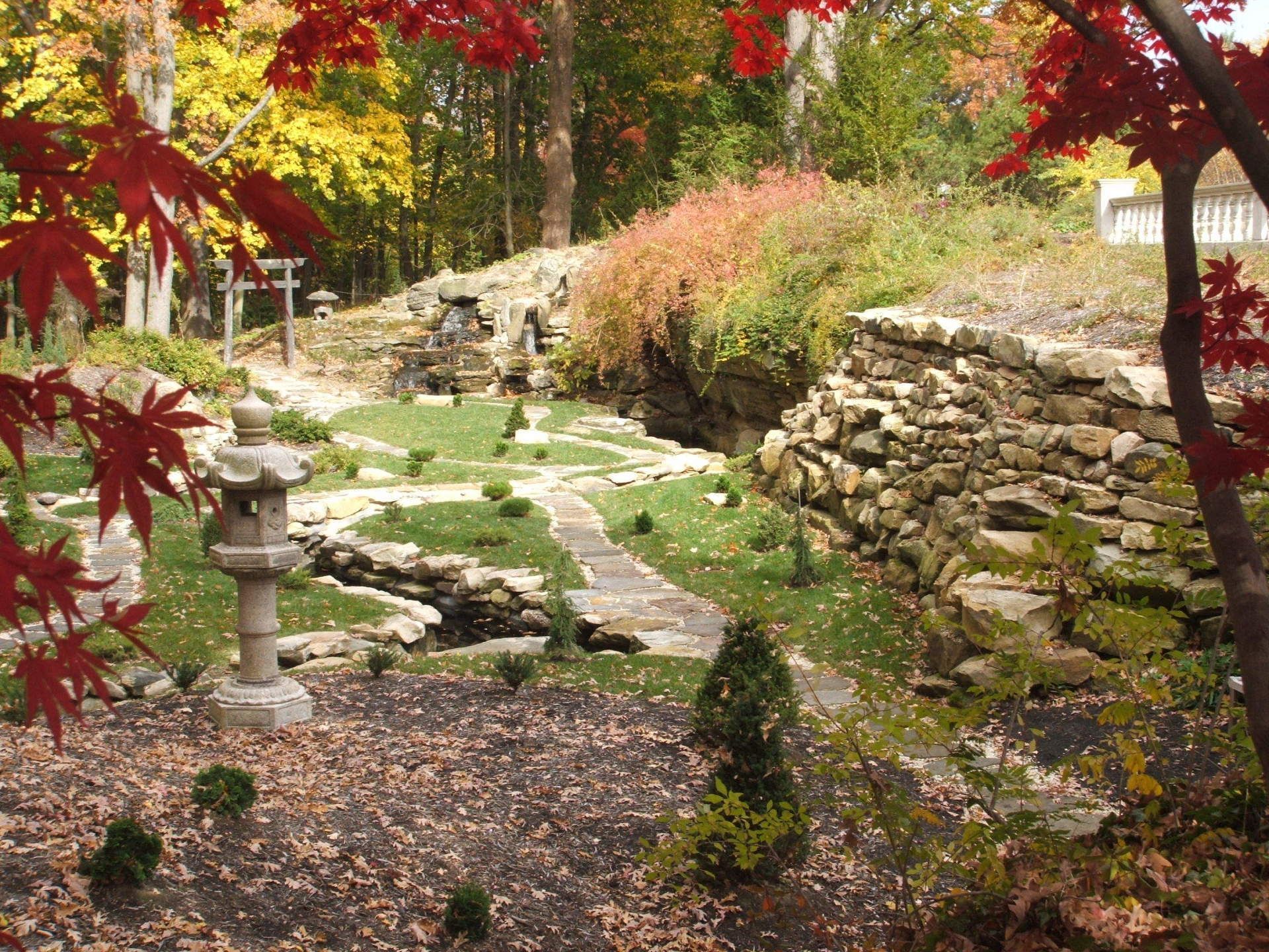 A stone walkway surrounded by trees and leaves in a park
