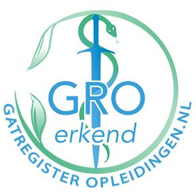 Logo met een zwaard door een slang rond de letters GRO, een cirkel en de tekst: GATREGISTER OPLEIDINGEN.NL.