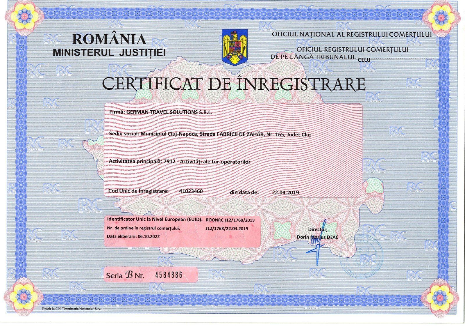 Certificatul de înregistrare care atestă faptul că Booking Vacanțe este o firmă înregistrată.