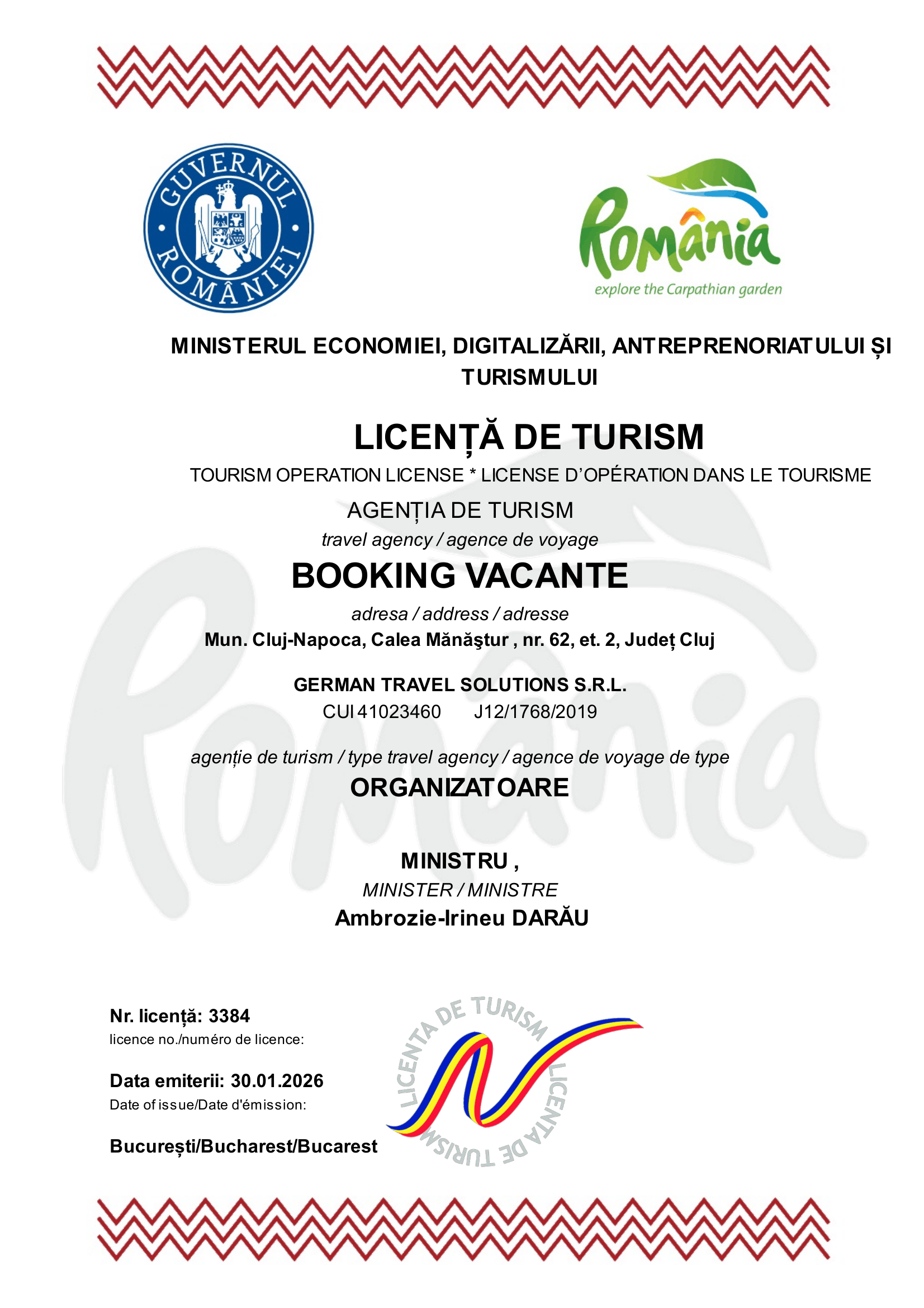 Licență de Turism bookingvacante.ro