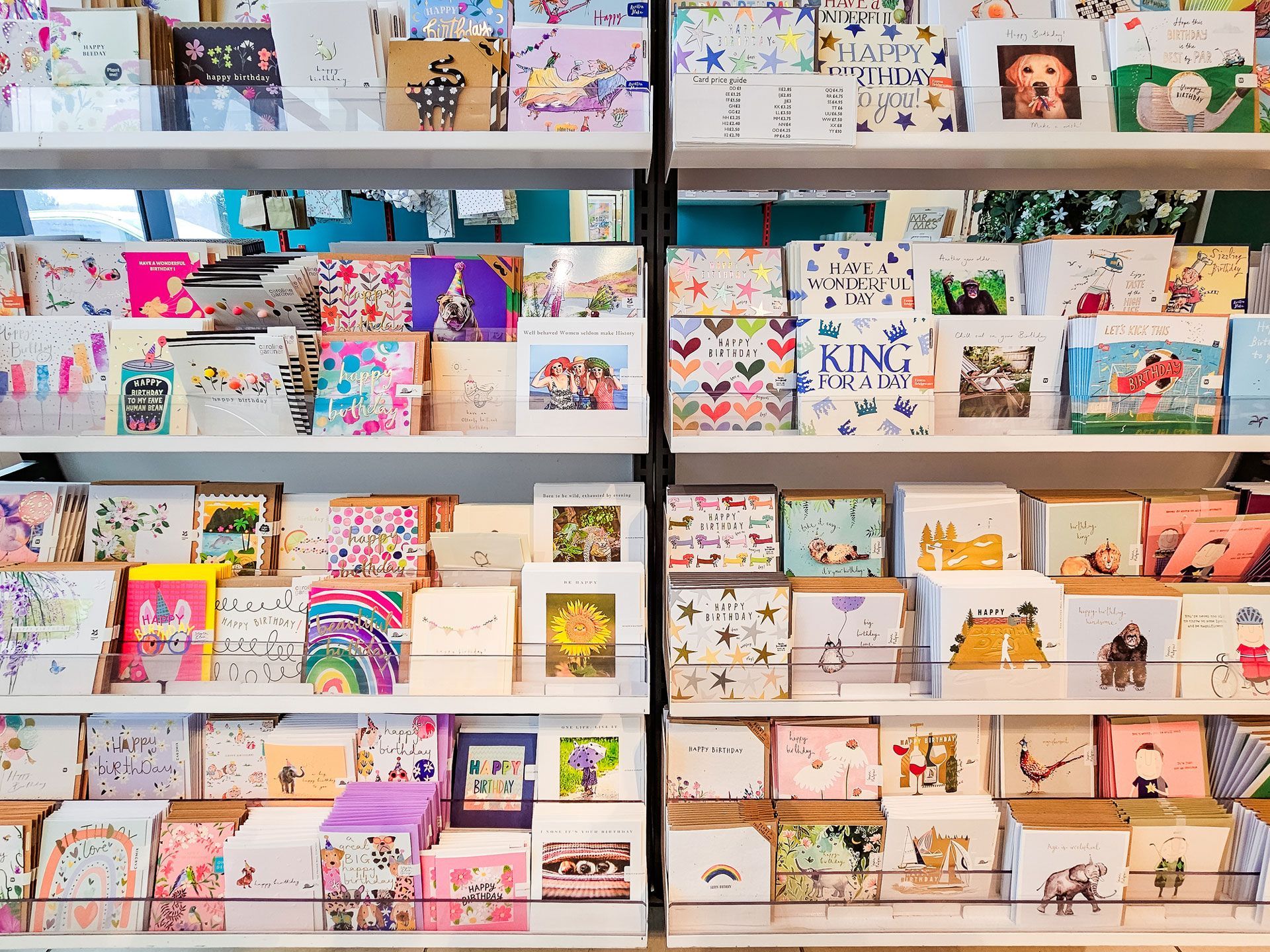 A shelf filled with lots of greeting cards in a store.